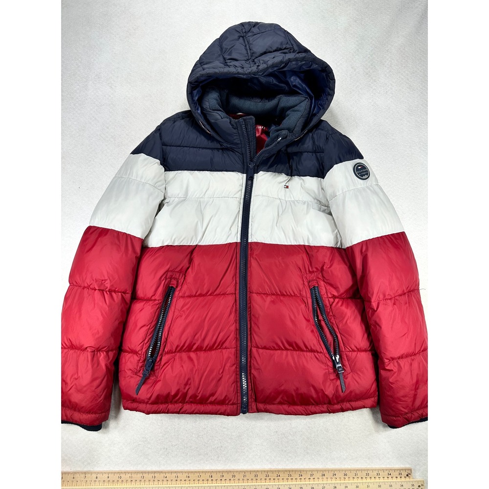 Tommy Hilfiger Mens Colorblock Puffer Jacket Navy White Red Hooded Large